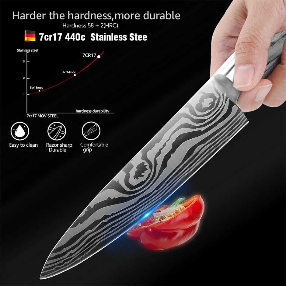 Bộ Dao Bếp Nhật Santoku 7Cr17 440C Vân Damascus