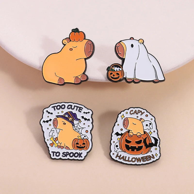 Halloween Pumpkin Animal Enamel Pins Ghost Capybara Grim Reaper Duck Spooky Season Brooches Lapel Badge Jewelry Gift for Friends