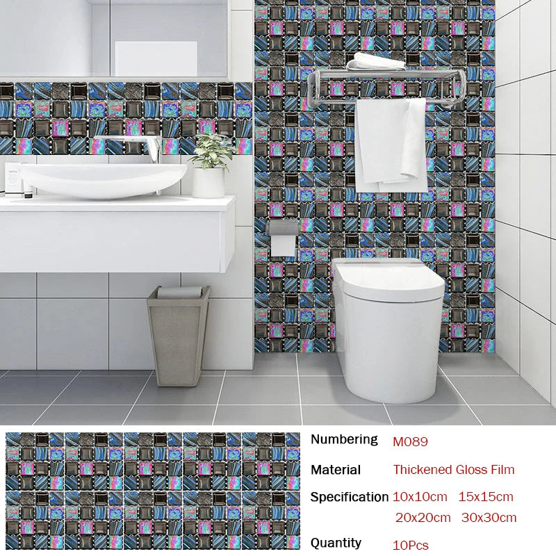 10pcs Flat Mosaic Style Tiles Sticker Kitchen Bathroom Waterproof &amp; Oilproof Art Wall Sticker Peel &amp; Stick Surface Glossy Film