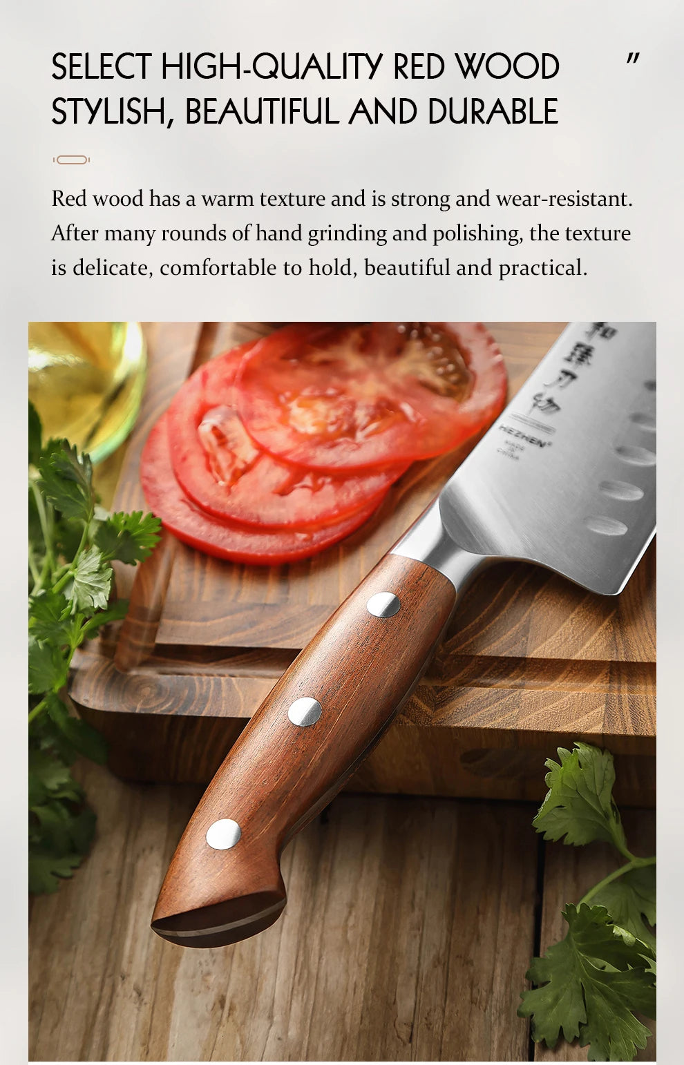 HEZHEN Kitchen Knife 8.1 Inch Steel Blade Red Wood Handle