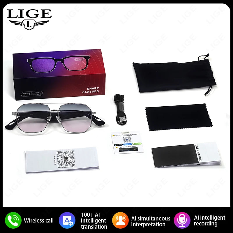 LIGE Ai Smart Bluetooth Glasses 100+Languages ​​Translation Real-time Q&amp;A BT5.4 Music UV Protection Smart Sunglasses for Men Women