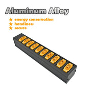 Ổ cắm đen với 10 ổ cắm vàng, chữ "Aluminum Alloy" và các tiêu chí: tiết kiệm, tiện lợi, an toàn.