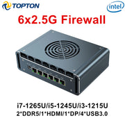 Thiết bị firewall màu đen có 6 cổng Ethernet và lưới tản nhiệt tròn ở trên.