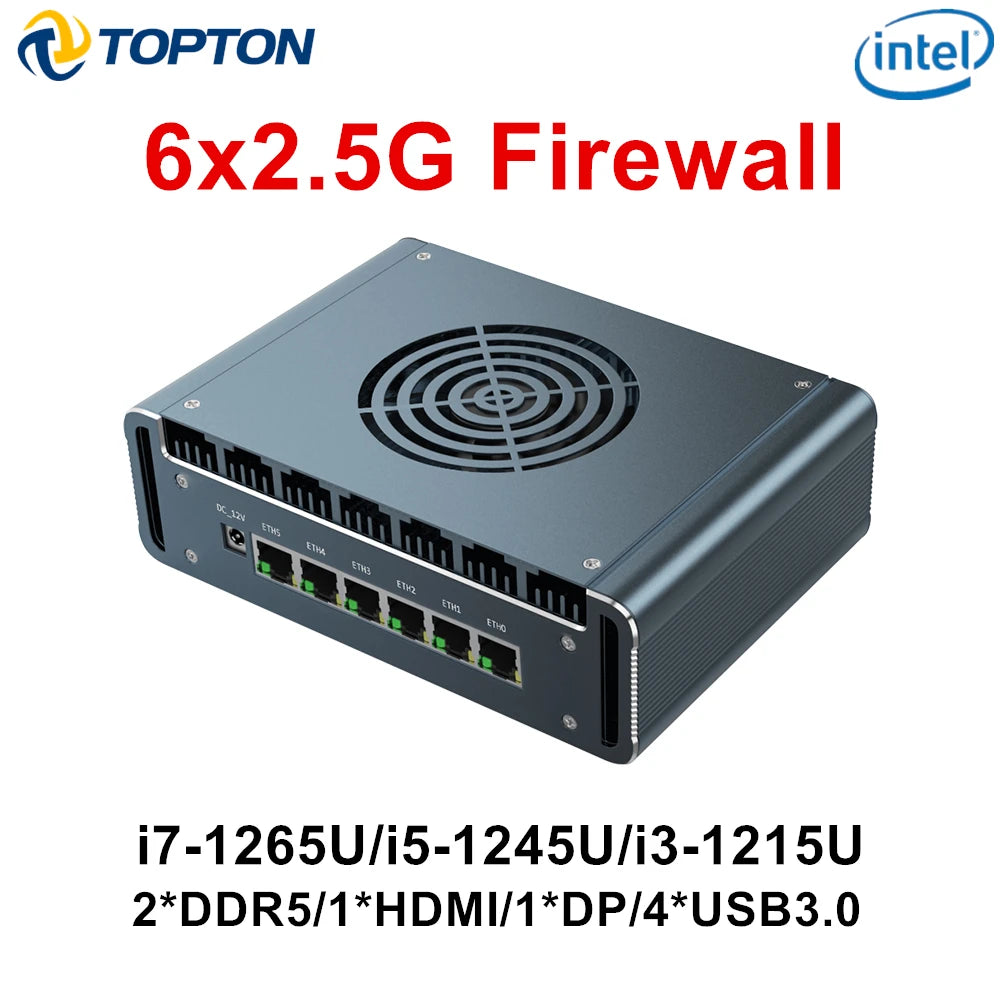 Thiết bị firewall màu đen có 6 cổng Ethernet và lưới tản nhiệt tròn ở trên.