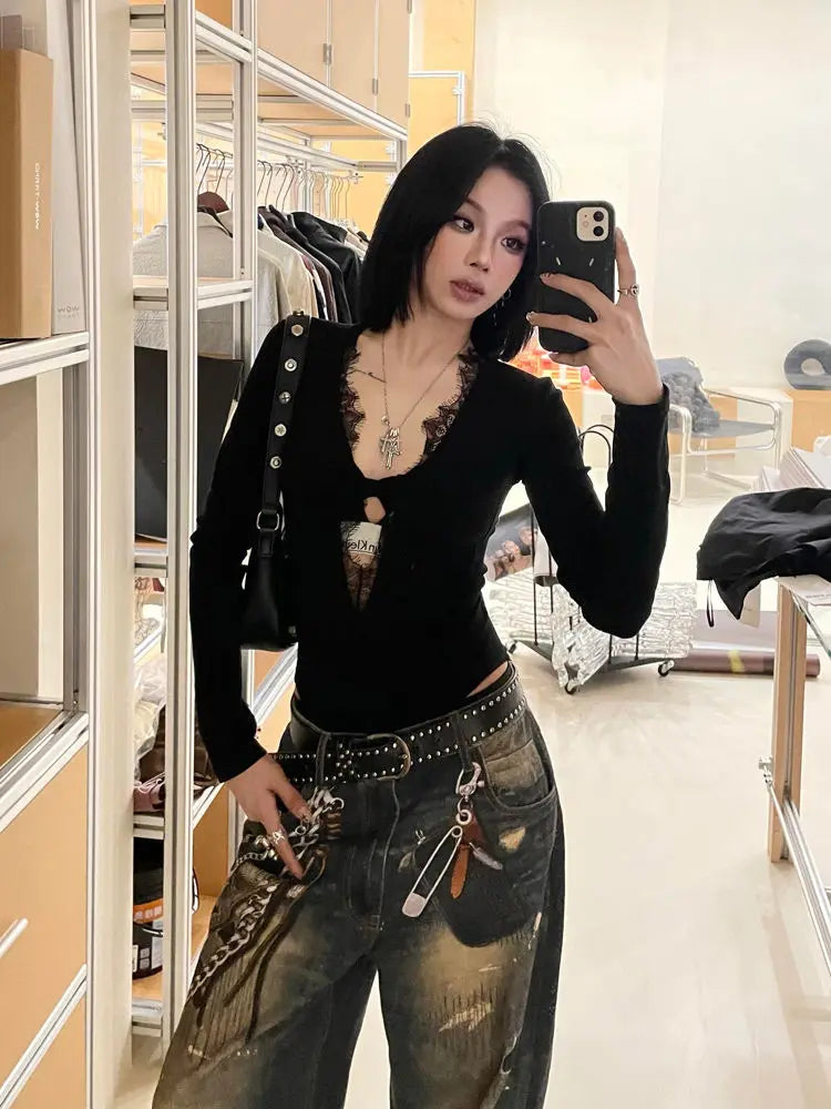 Gothic Black Lace Mesh Bodysuit for Women Y2K