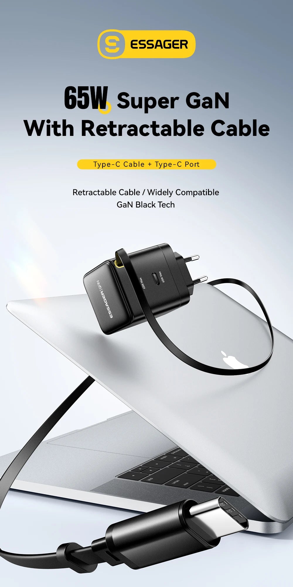 Essager 65W GaN Charger with Retractable Cable PD Fast Charging for Laptop Macbook iPhone 16 15 14 Xiaomi Type-C Phone Charger