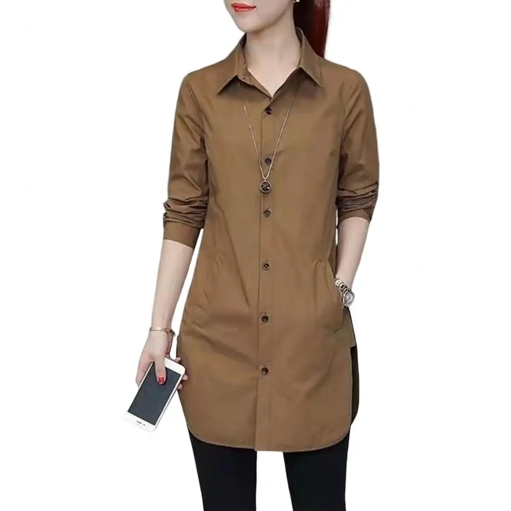 Women Shirt Elegant Side Split Irregular Hem Solid Color Basic Shirt Spring Summer Mid Length Underlay Shirt Casual Loose Shirts