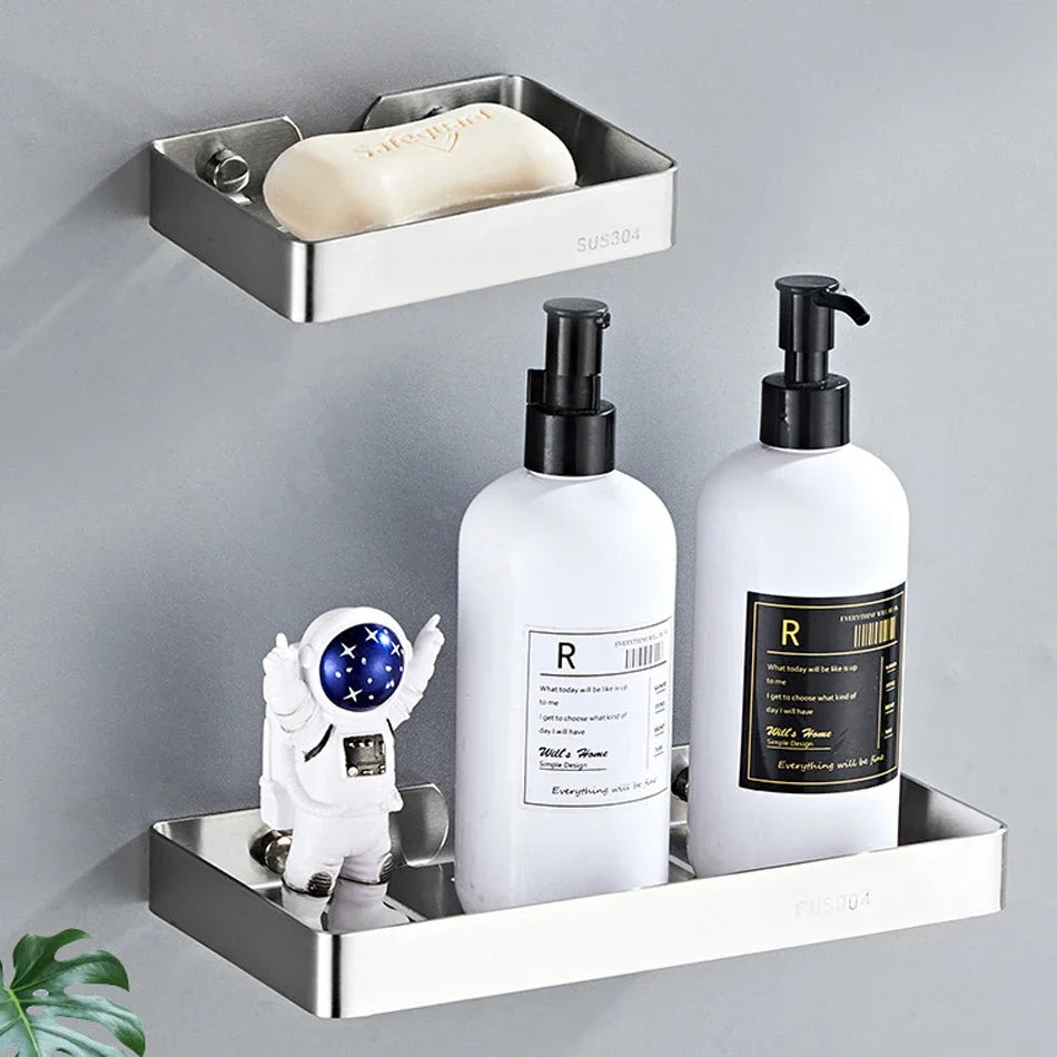 304 Stainless Steel Bathroom Shelf Wall Mounted Shower Soap Holder Shapoo Storage Organizer Rack Kitchen Bathroom Accessories