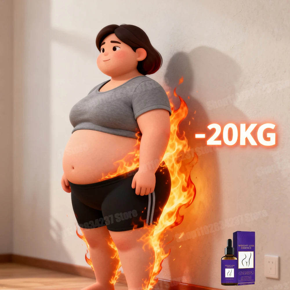 Nhân vật hoạt hình giảm cân, lửa bao quanh, chữ "-20KG", hộp và lọ màu tím ở góc dưới.