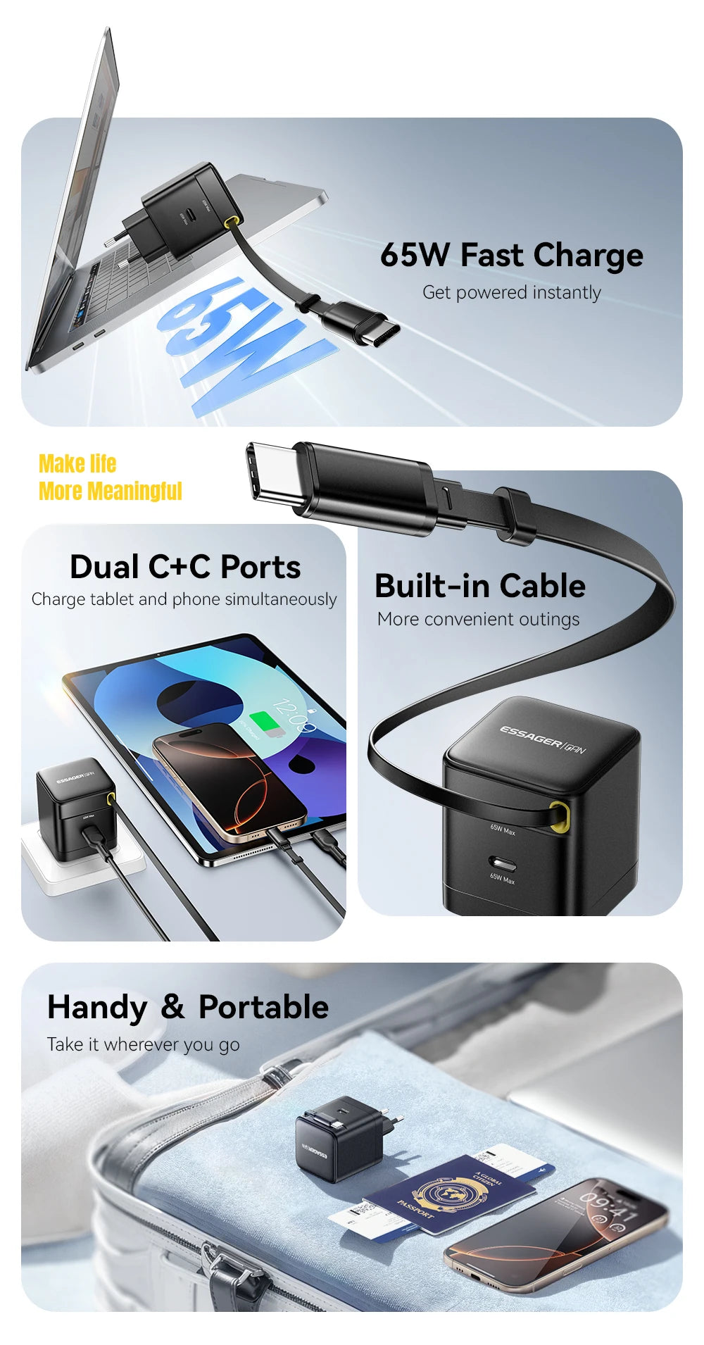 Essager 65W GaN Charger with Retractable Cable PD Fast Charging for Laptop Macbook iPhone 16 15 14 Xiaomi Type-C Phone Charger