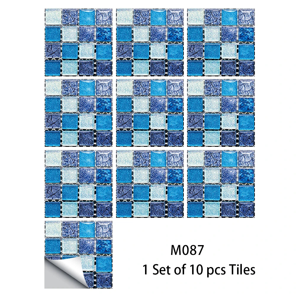 10pcs Flat Mosaic Style Tiles Sticker Kitchen Bathroom Waterproof &amp; Oilproof Art Wall Sticker Peel &amp; Stick Surface Glossy Film