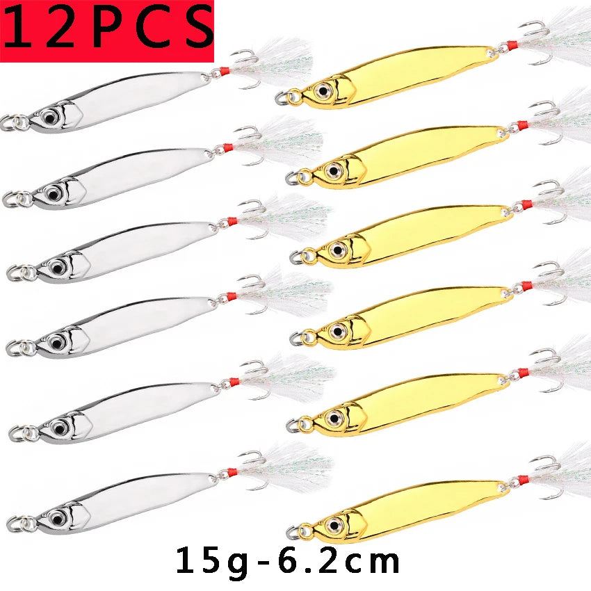 12PCS 15g 20g 40g 60g 80g Micro Jig S Shape Shore Casting Jigging Spoon Set Slow Metal Jig Hard Bait Carp Fishing Lures Hooks