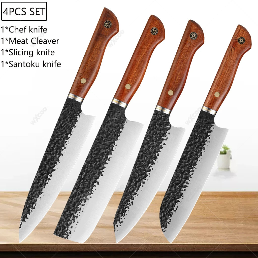 5CR15MOV Steel Chef Knife Set with Wooden Handle Forged Meat Cleaver Japanese Santoku Knife Kitchen Knife Storage Bag - Daisan Mart
