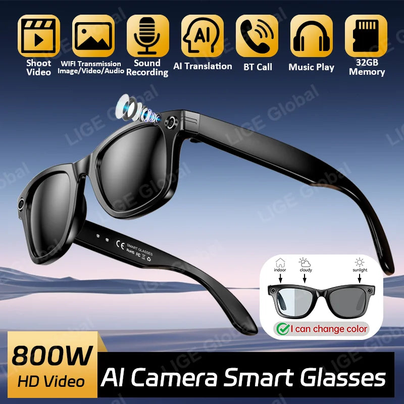 LIGE AI Smart Glasses - HD Camera, Bluetooth Calling, Language Translation