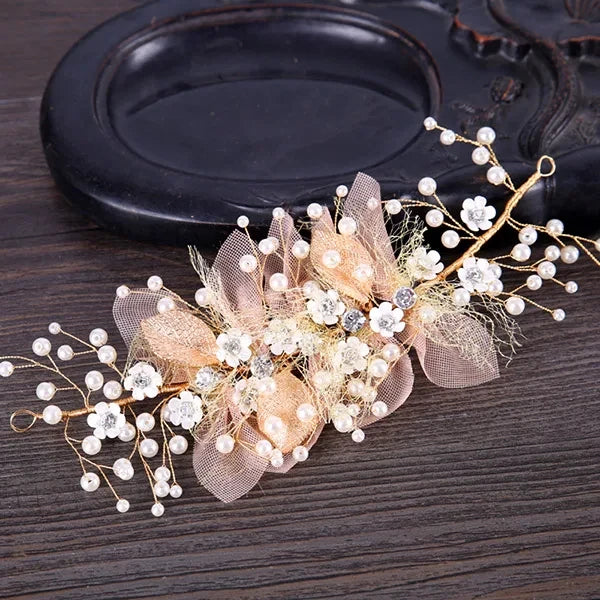 Trendy Handmade Gold Pearl Wedding Flower Hair Clip
