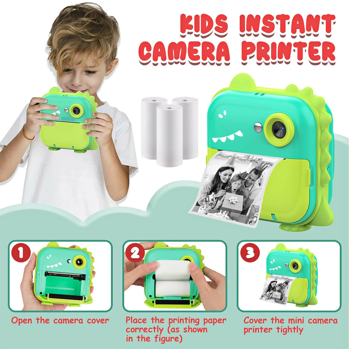 Instant Print Camera for Kids Inkless Sticker Printer for Girls Boys Age 3-12 gift HD Digital Video Cameras Mini Thermal Printer