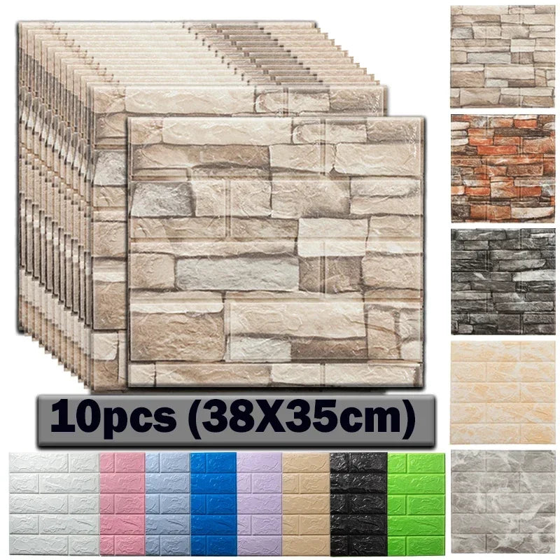 10 miếng dán tường 3D giả gạch, kích thước 38x35cm, nhiều màu sắc như trắng, hồng, xanh, đen.
