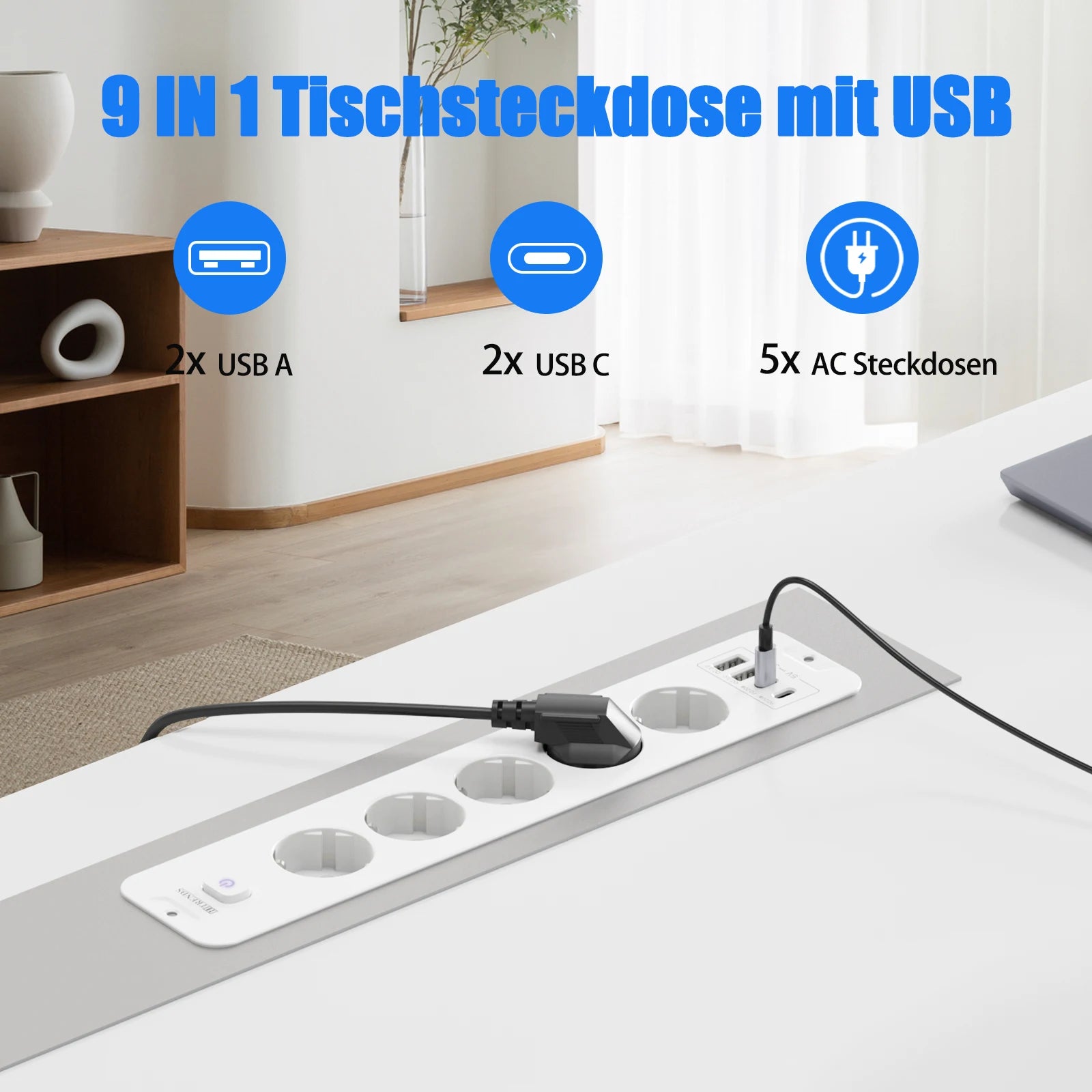 Ổ Cắm 4/5 Lỗ Đa Năng Có USB, Dây Dài 2m EU Plug