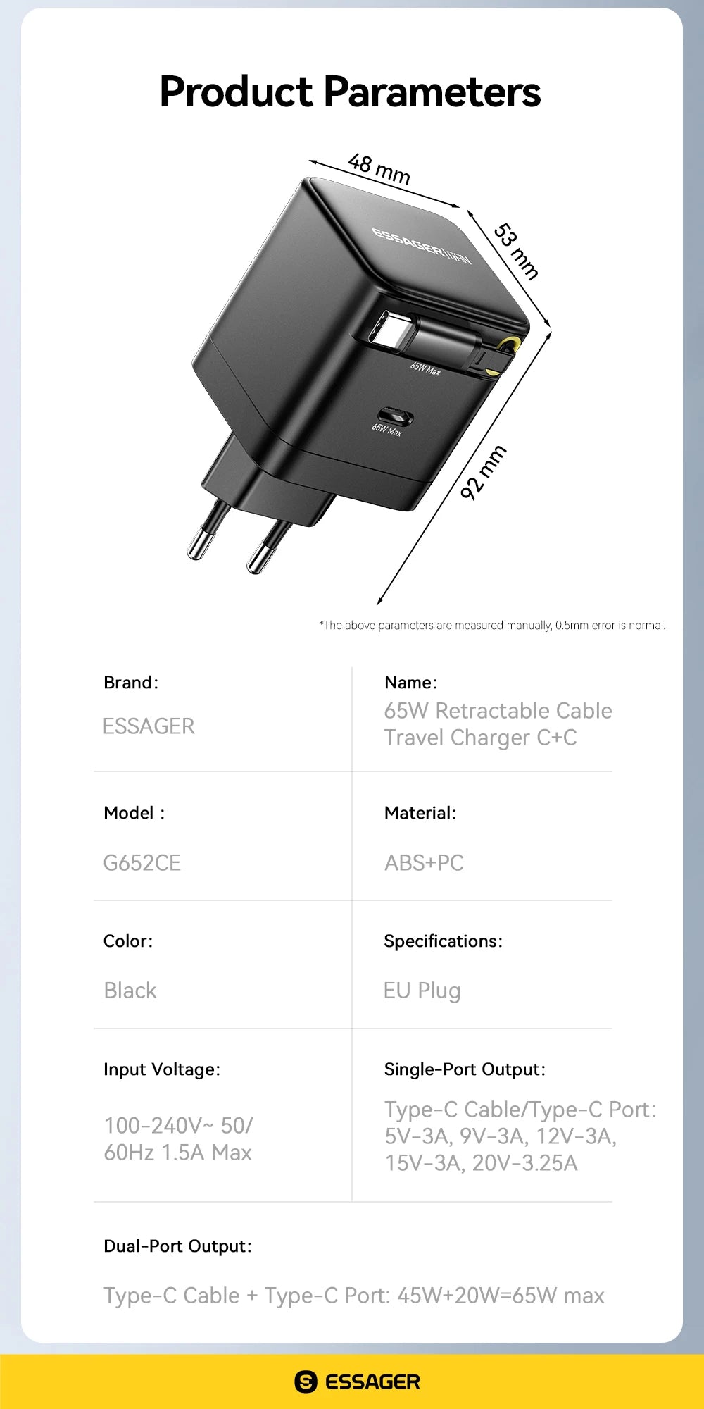 Essager 65W GaN Charger with Retractable Cable PD Fast Charging for Laptop Macbook iPhone 16 15 14 Xiaomi Type-C Phone Charger