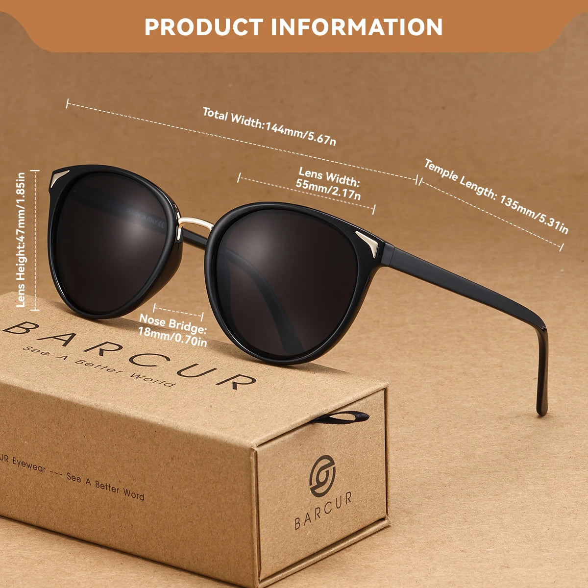 BARCUR 1pcs Women Sunglasses Optional Color Round Lens Lightweight Comfort Driving Casual Commute UV400 Polarized Sunglasses - Daisan Mart