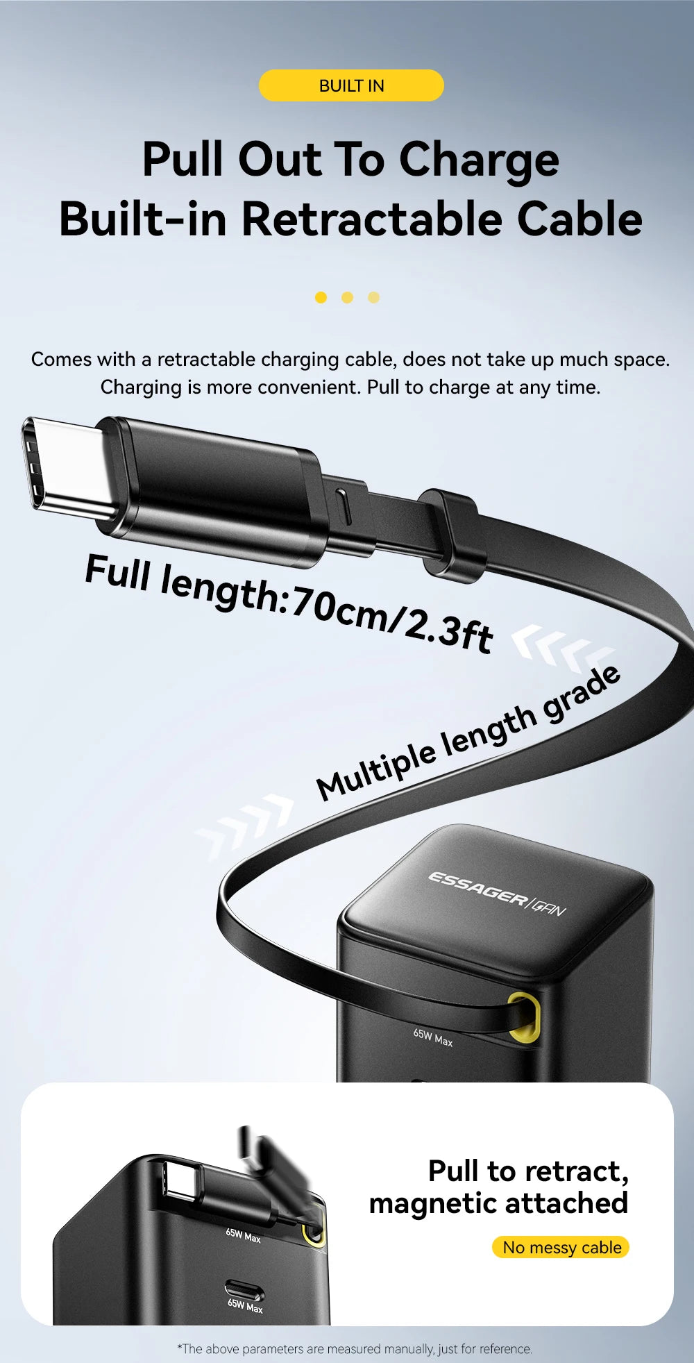 Essager 65W GaN Charger with Retractable Cable PD Fast Charging for Laptop Macbook iPhone 16 15 14 Xiaomi Type-C Phone Charger