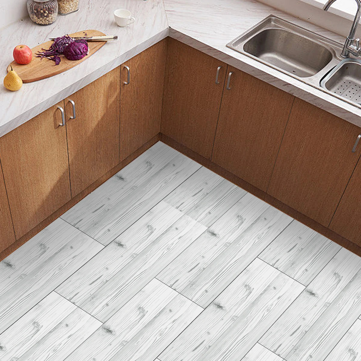 Classic White Wood Grain Floor Tiles Peel Stick Waterproof Home Kitchen Living Room Floor Renovation Self Adhesive Wallpaper
