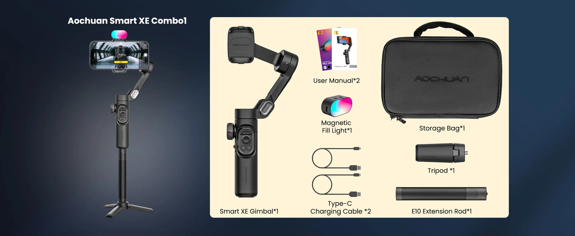 AOCHUAN Smart XE Combo Phone Gimbal Stabilizer with Extension Rod 3-Axis Phone Gimbal Stabilizer For iphone and Android phone - Daisan Mart