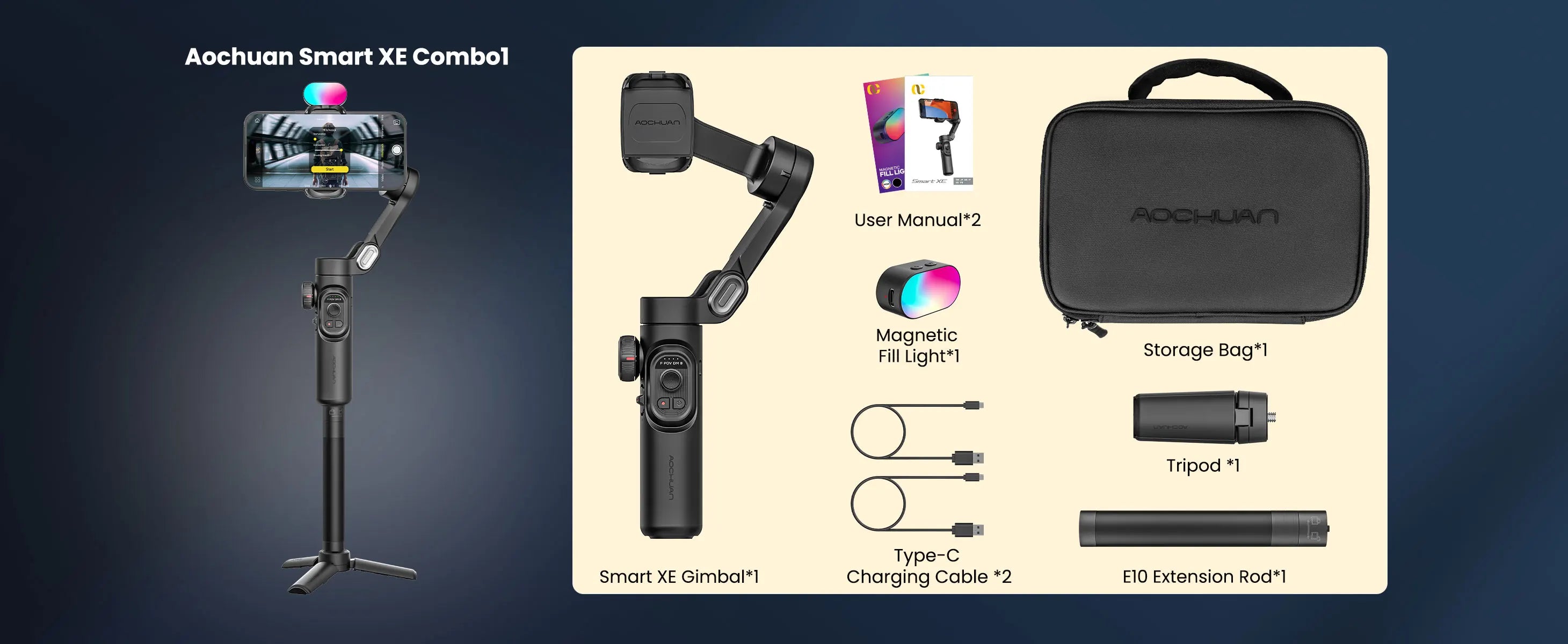 AOCHUAN Smart XE Combo Phone Gimbal Stabilizer with Extension Rod 3-Axis Phone Gimbal Stabilizer For iphone and Android phone - Daisan Mart