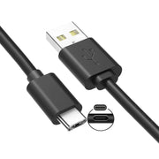 Cáp USB màu đen, một đầu Type-C và một đầu USB-A, hình tròn hiển thị cổng kết nối.
