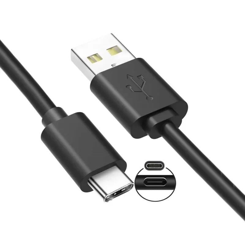 Cáp USB màu đen, một đầu Type-C và một đầu USB-A, hình tròn hiển thị cổng kết nối.