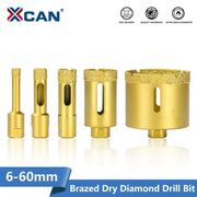 Bộ mũi khoan kim cương màu vàng với nhiều kích thước từ 6-60mm, nền trắng.