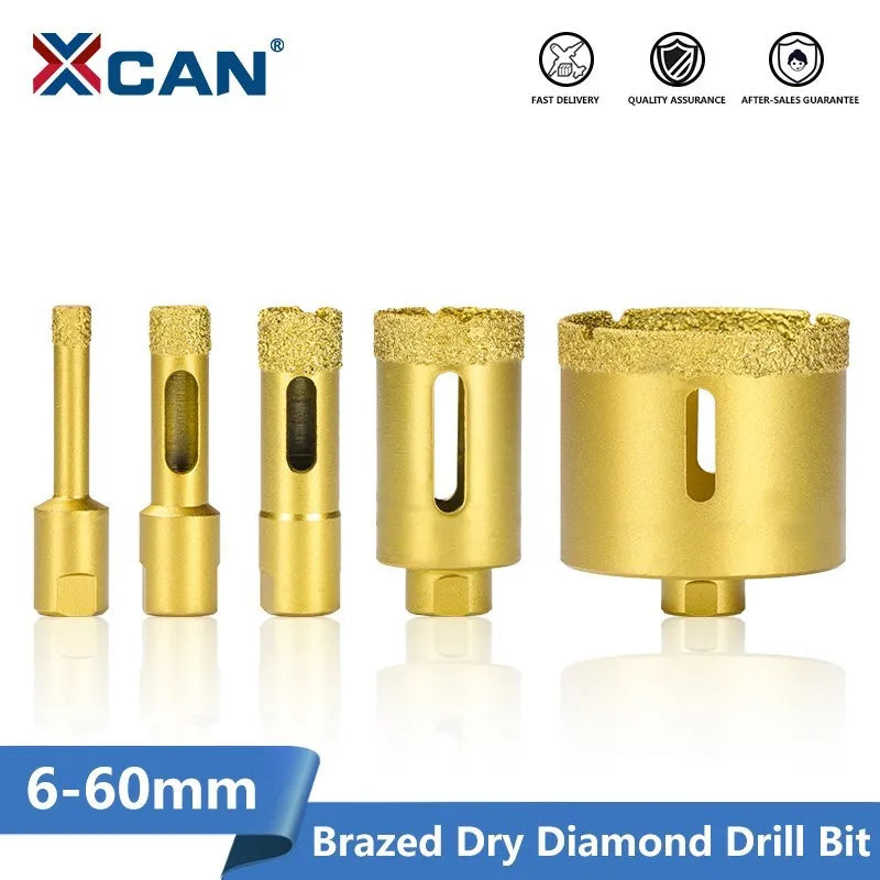 Bộ mũi khoan kim cương màu vàng với nhiều kích thước từ 6-60mm, nền trắng.