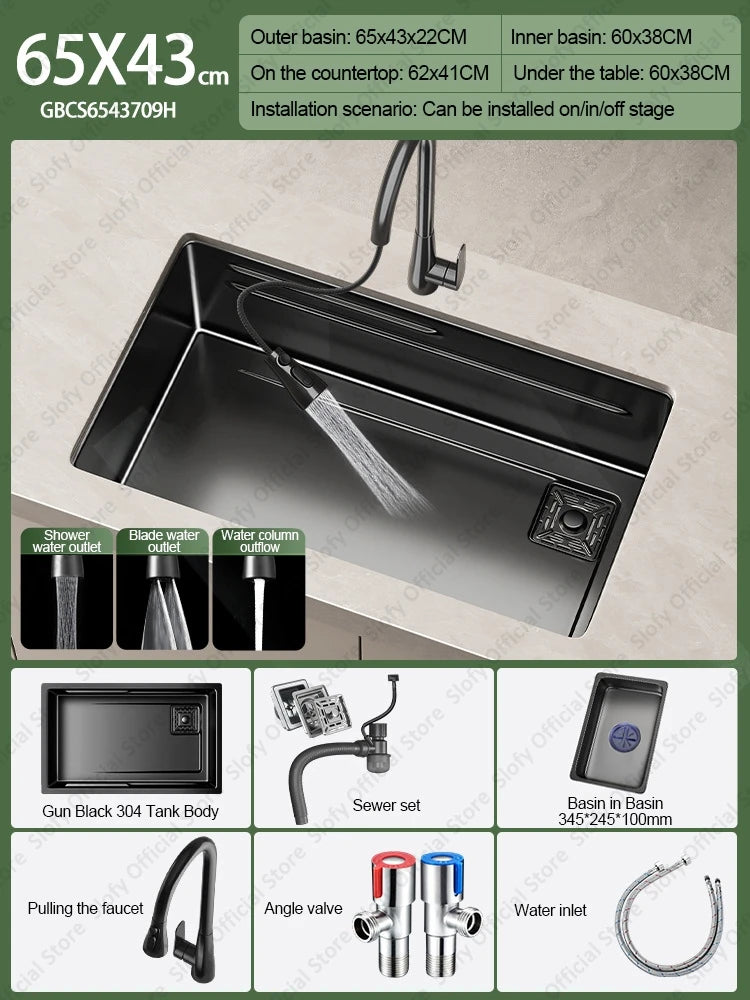 304 Stainless Steel Kitchen Sink Black Single Bowl Thickened Material Wear-Resistant Vegetable Workstation Drainage Accessories - Daisan Mart