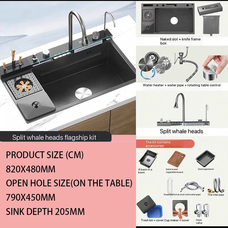 304 Stainless Steel Waterfall Kitchen Sink Large Single Slot Integrated Digital Display Faucet Set Soap Dispenser Cup Washer - Daisan Mart