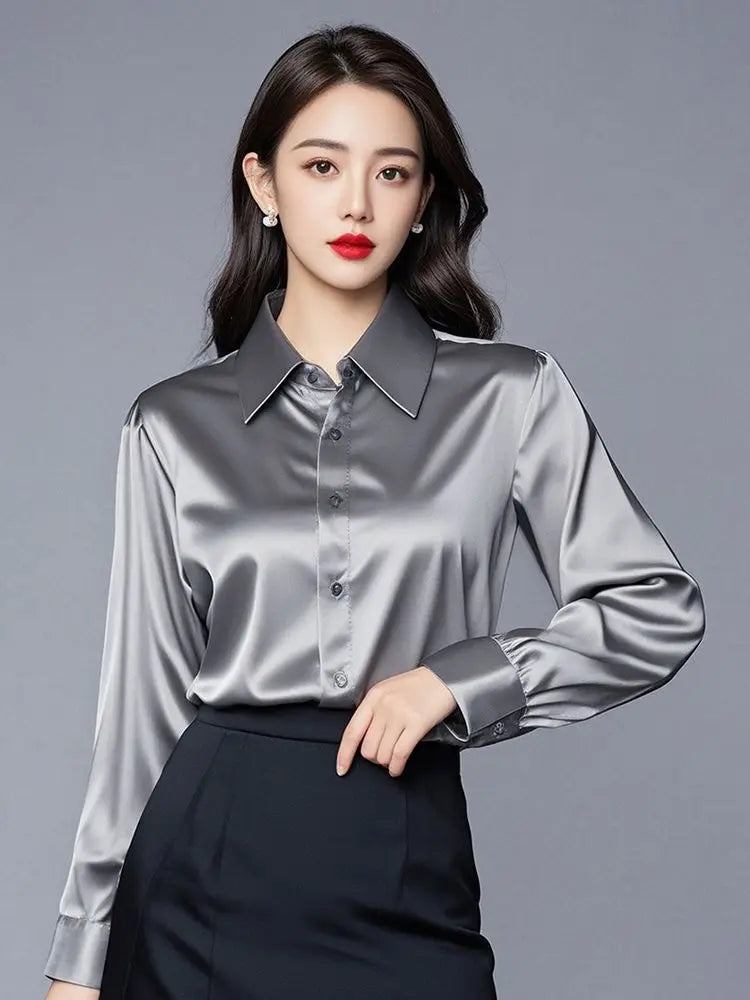 Áo Sơ Mi Lụa Công Sở Nữ Hàn Quốc Dáng Ôm Dài Tay - Daisan Mart