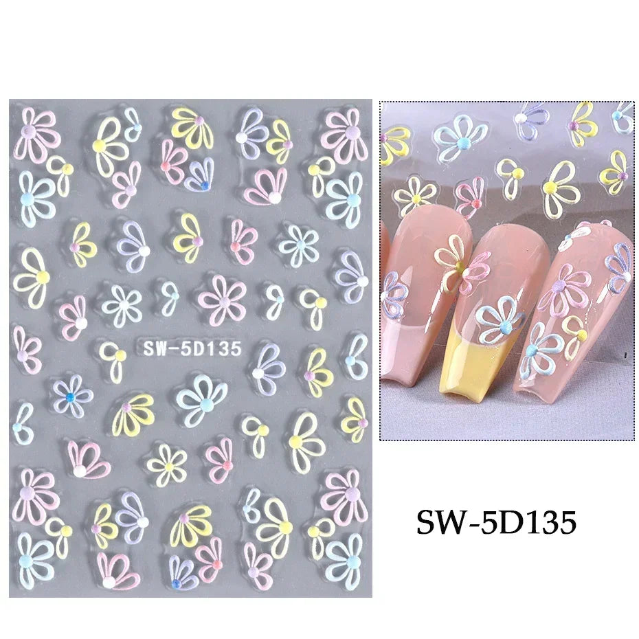 5D Colorful Daisy Flower Nail Art Sticker Lace Heart Spring Hollow Petals Boho Style French Engraved Slider Manicure Decorations - Daisan Mart