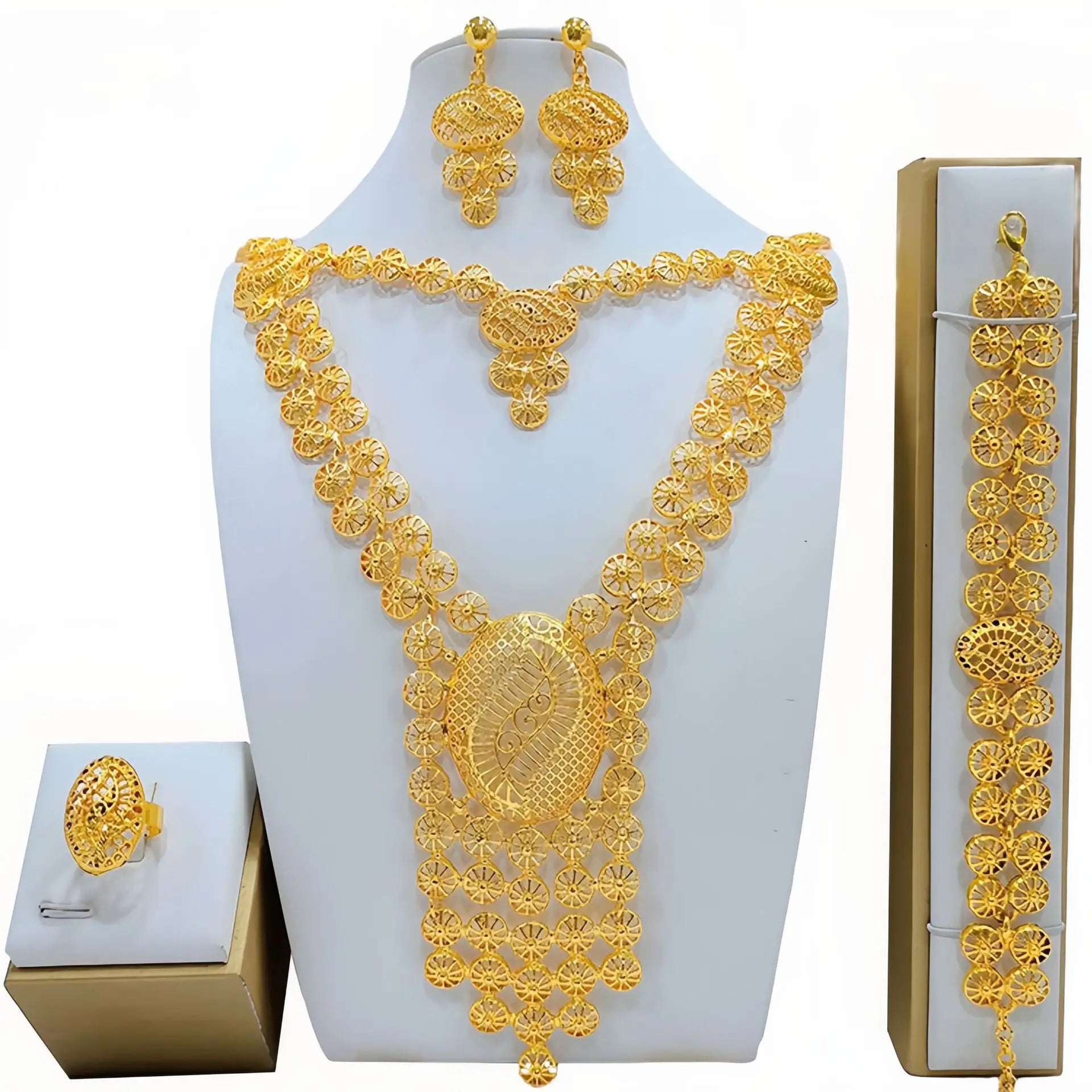 24K Gold Wedding Jewelry Set: Necklace, Ring, Earrings