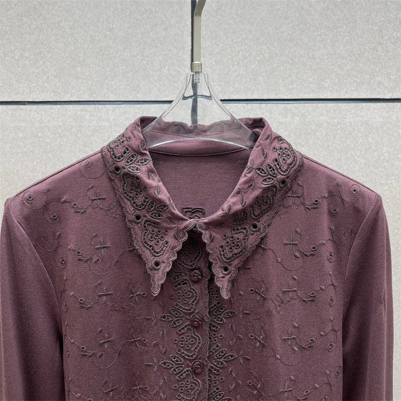 Women's bodysuit New elastic slim fit lapel long sleeved top for autumn 2025 floral embroidery women's corset y2k women's bodys