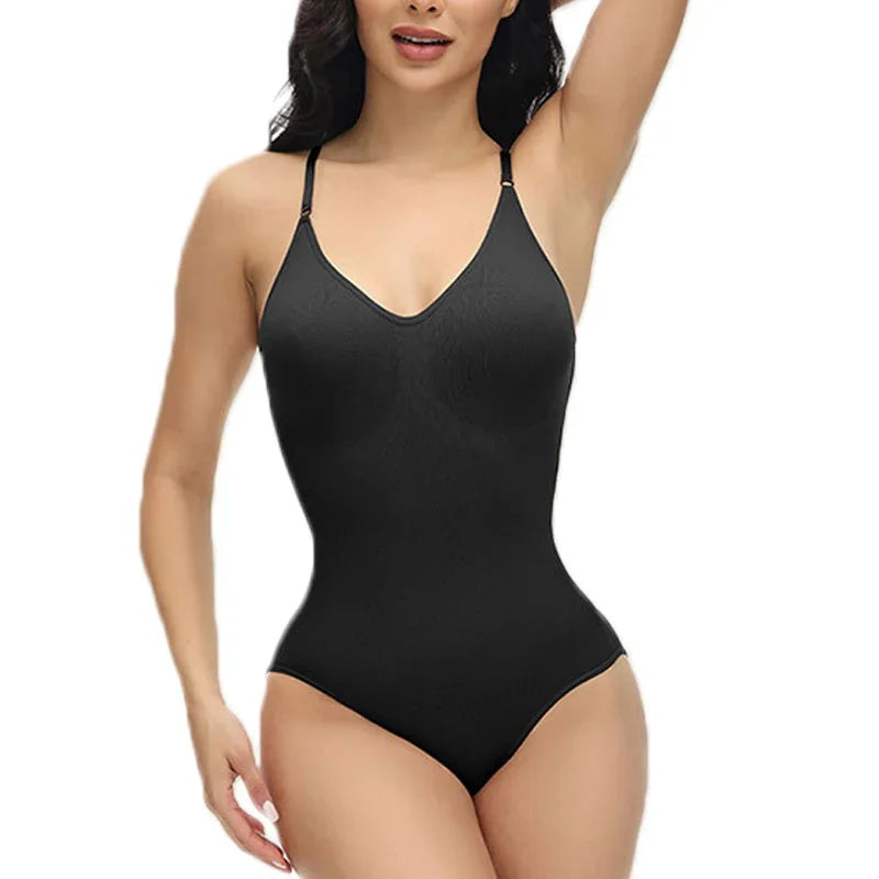 Compression Bodysuit V-neck Slim Straps Ultra-thin Open Back