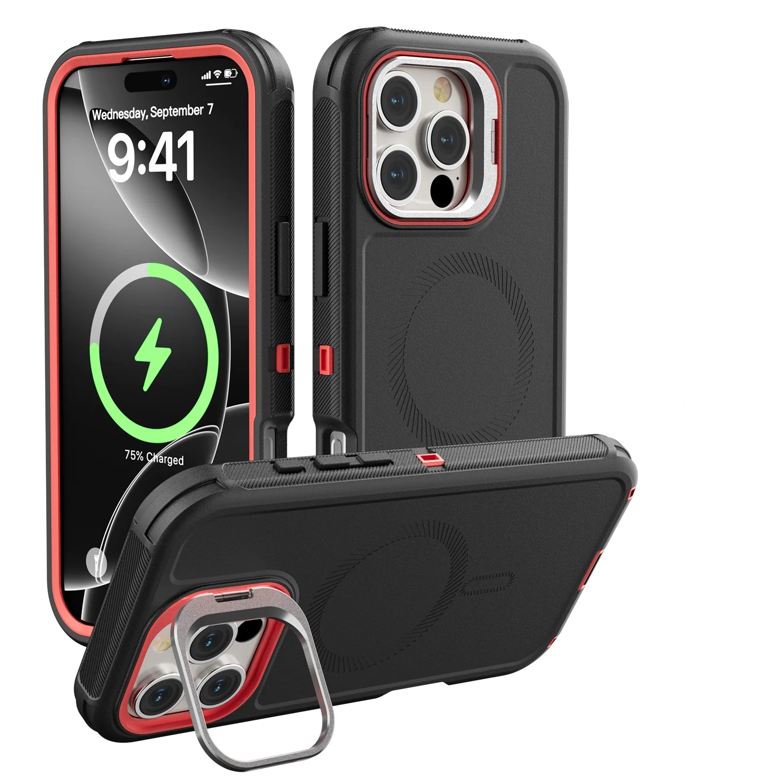 3 in 1 Shockproof Heavy Duty Rugged Phone Case For iPhone 16 15 14 13 Pro Max 16 Plus Metal Lens Stand Magnetic Magsafe Cover - Daisan Mart