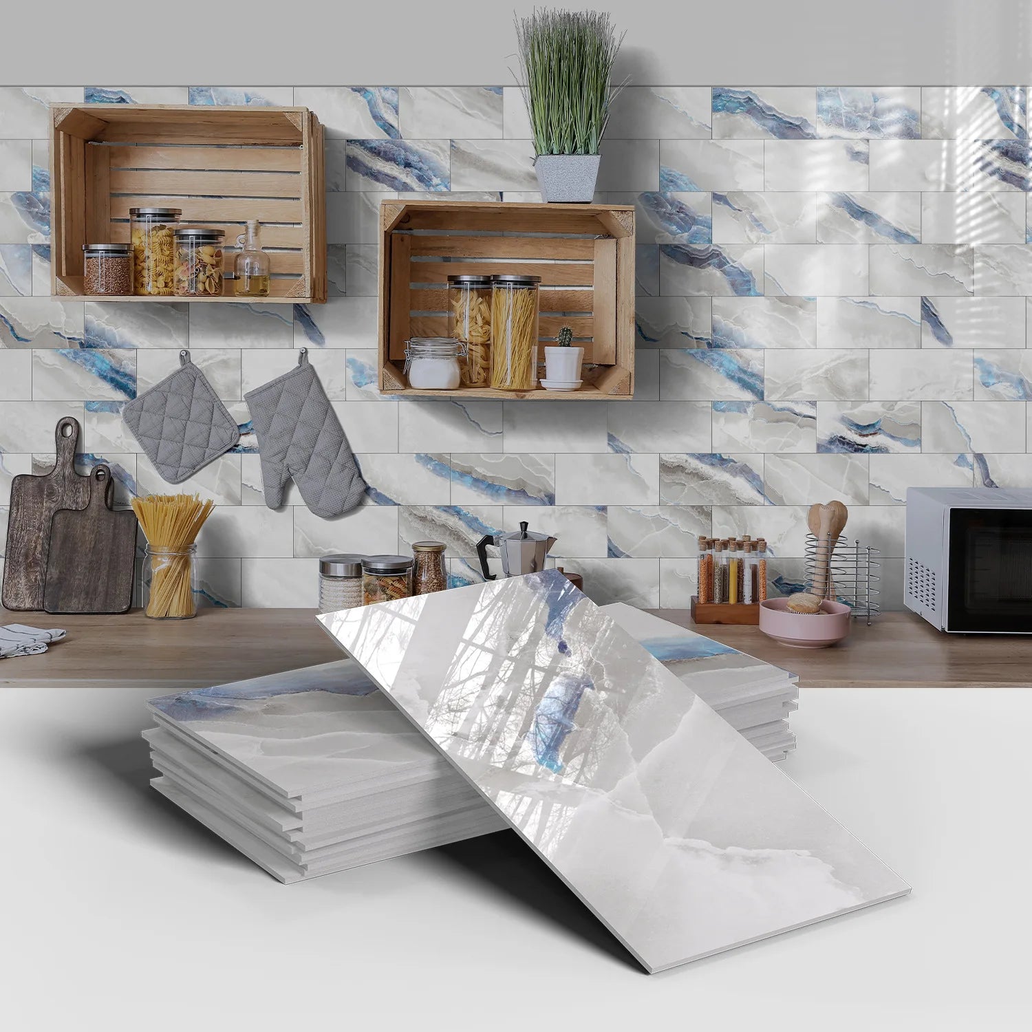 Set of 16 Waterproof Stone Pattern Foam Wall Stickers for Kitchen