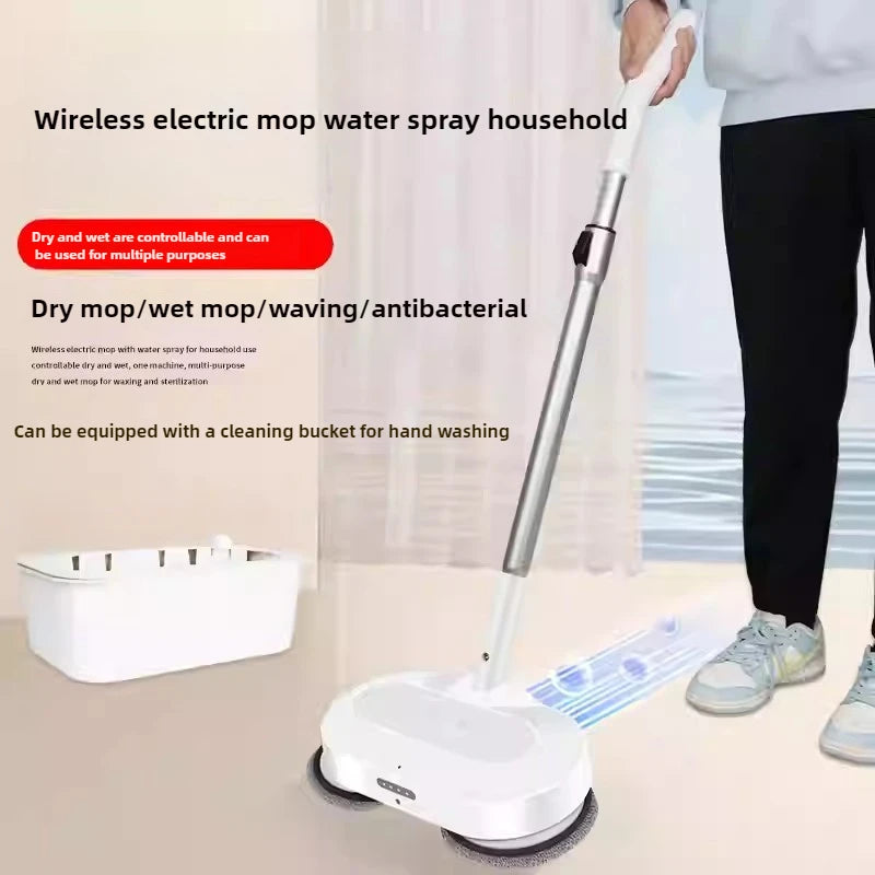 Cây lau nhà điện không dây màu trắng, tay cầm kim loại, thùng chứa bên trái.