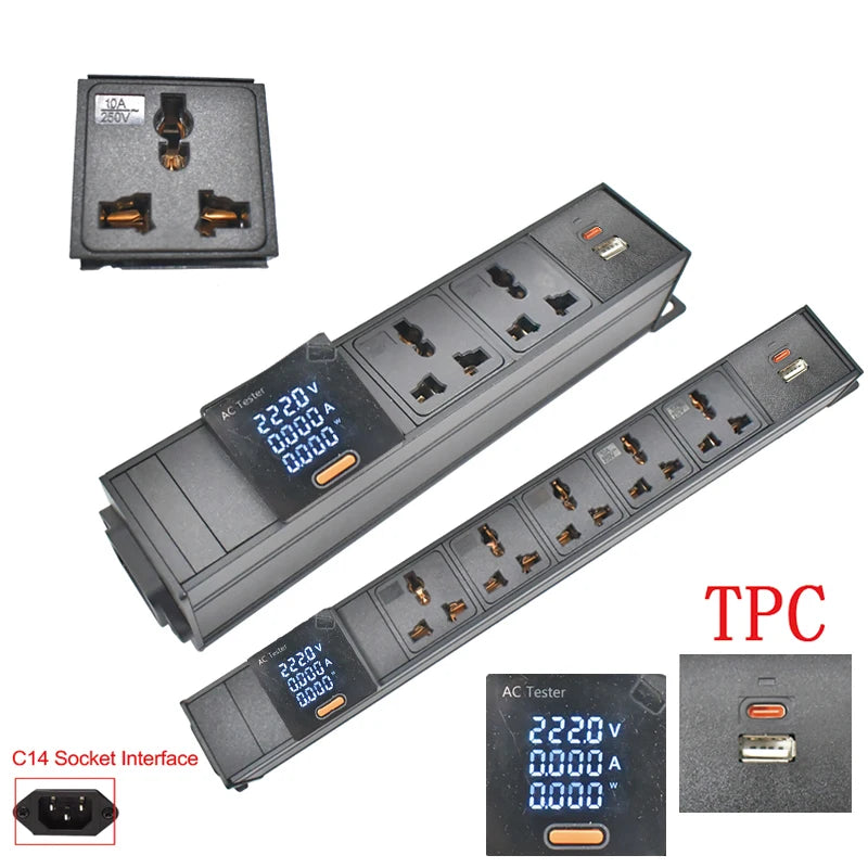 Ổ cắm điện màu đen với màn hình hiển thị LED xanh, có nhiều ổ cắm và cổng USB.