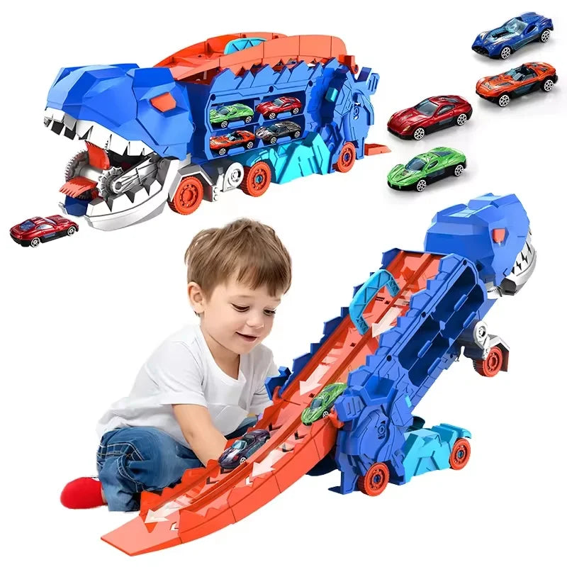 Bé trai chơi với đồ chơi khủng long xanh, đỏ có đường trượt và ô tô nhỏ nhiều màu.