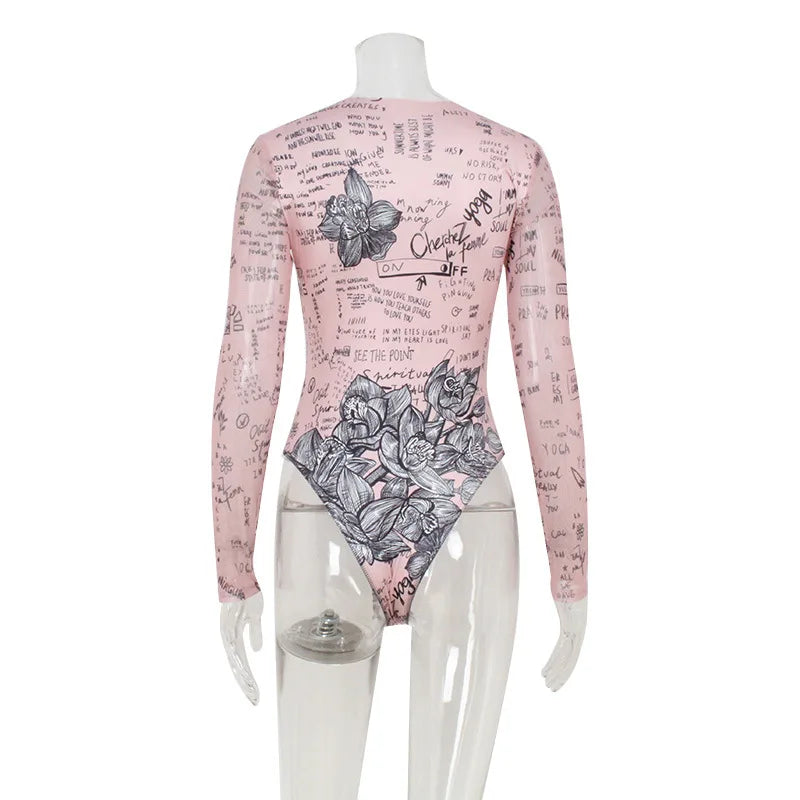 Sexy Floral Mesh Bodysuit Long Sleeve Women Corset