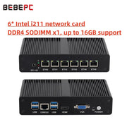 Thiết bị mạng đen với 6 cổng Ethernet, cổng USB, HDMI và VGA. Nền trắng, chữ đỏ.