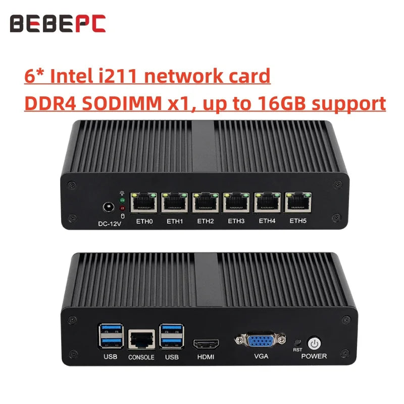 Thiết bị mạng đen với 6 cổng Ethernet, cổng USB, HDMI và VGA. Nền trắng, chữ đỏ.