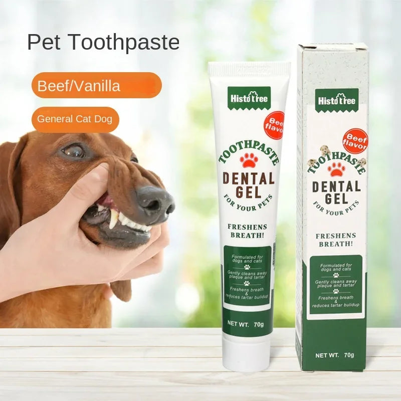 Kem đánh răng thú cưng, vị bò/vanilla cho chó mèo, hình ảnh tuýp và hộp sản phẩm nền xanh.