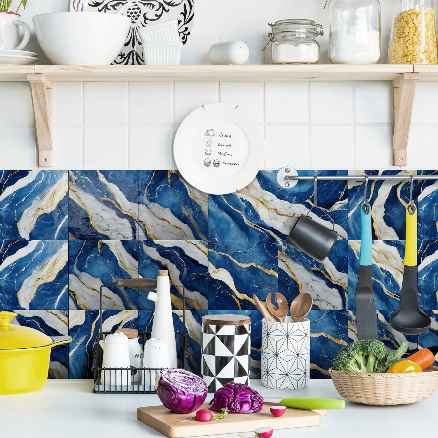 8PCS/Set Minimalist Black Marble Wall Stickers, Kitchen Bathroom Waterproof Self-Adhesive Ceramic Tile Stickers, Room Wallpaper