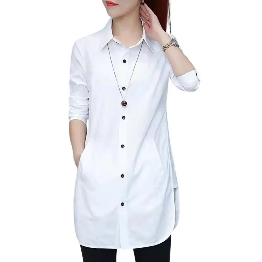 Women Shirt Elegant Side Split Irregular Hem Solid Color Basic Shirt Spring Summer Mid Length Underlay Shirt Casual Loose Shirts